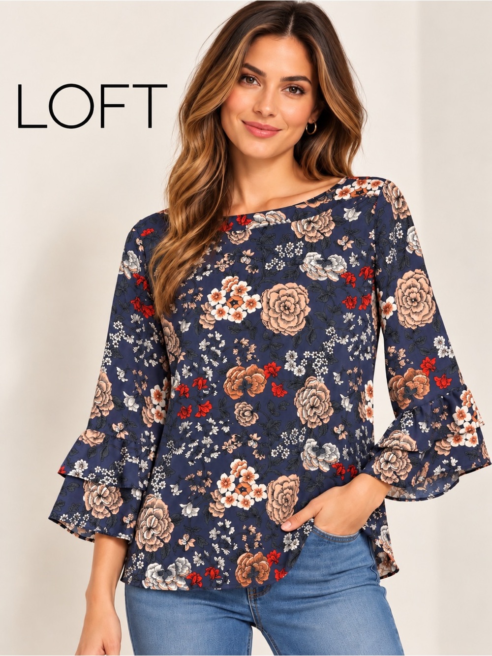 LOFT Women's Floral Ruffle Bell Sleeve Blouse Navy Blue Size S